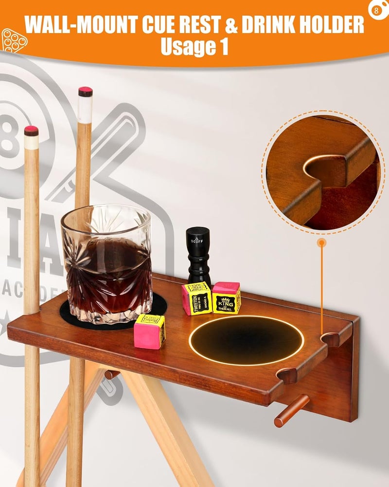 EXTCCT Wall Mounted Cue Holder - Hardwood Billiard Cue Rest and Drink Holder with Chalk Holder 11 x 6.3 x 4.1 Inches (Brown) - Image 4
